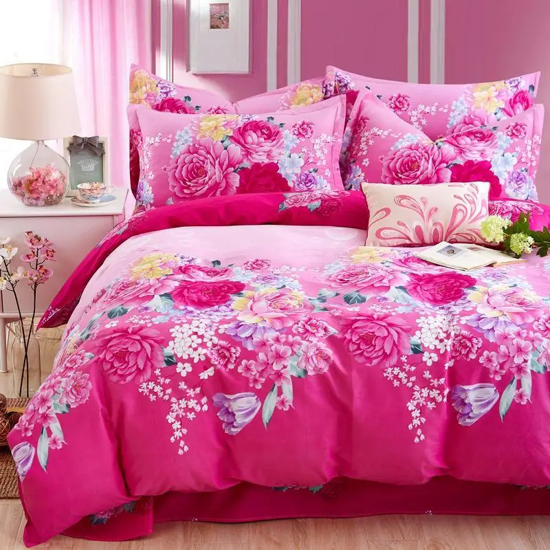 Pure cotton four-piece set, pure cotton bed sheets, rose red peony quilt cover, three-piece set, large rose flower bedding set