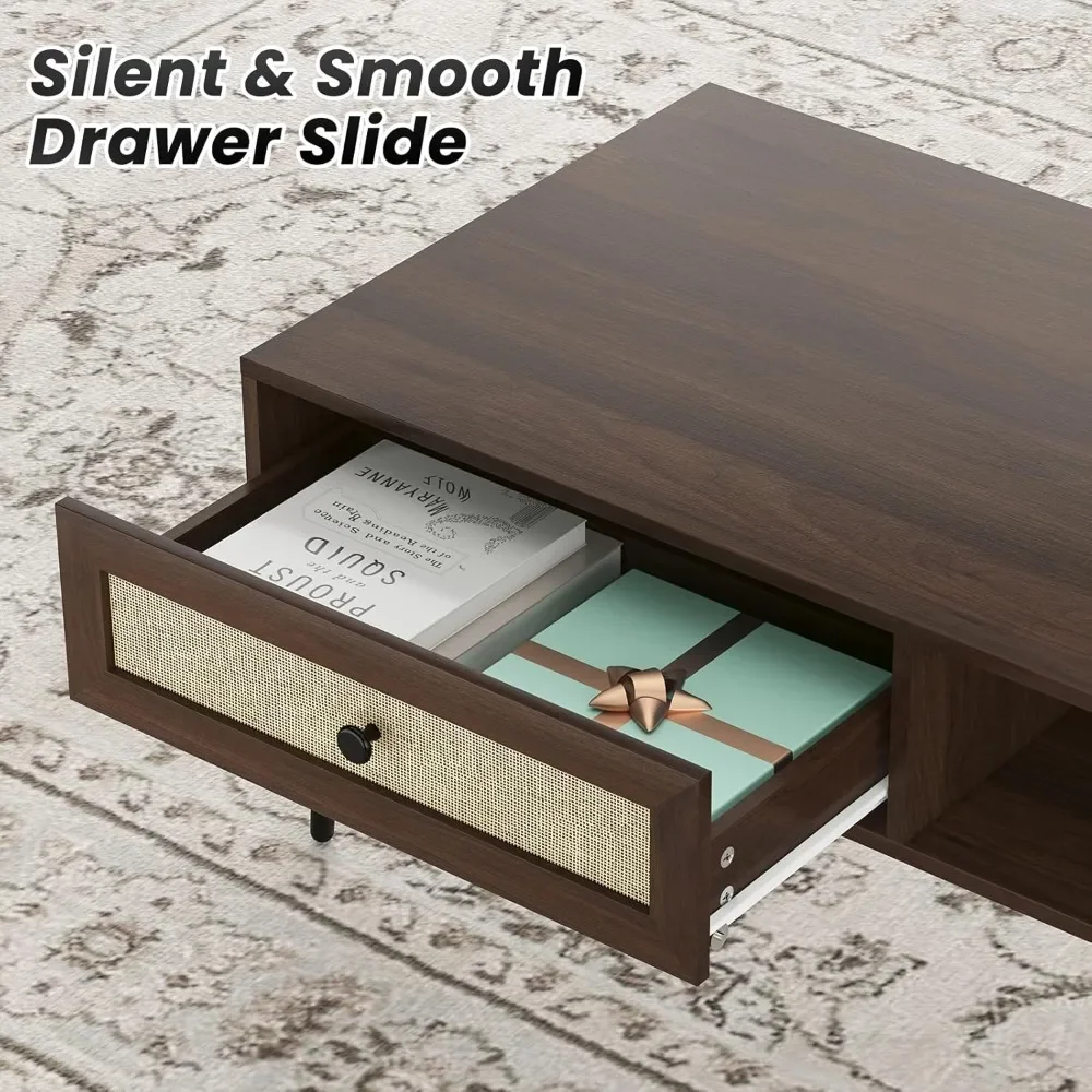 Mesa de centro moderna de meados do século, mesa de console retangular de 47 polegadas com gaveta e prateleira, mesa de centro de madeira para sala de estar