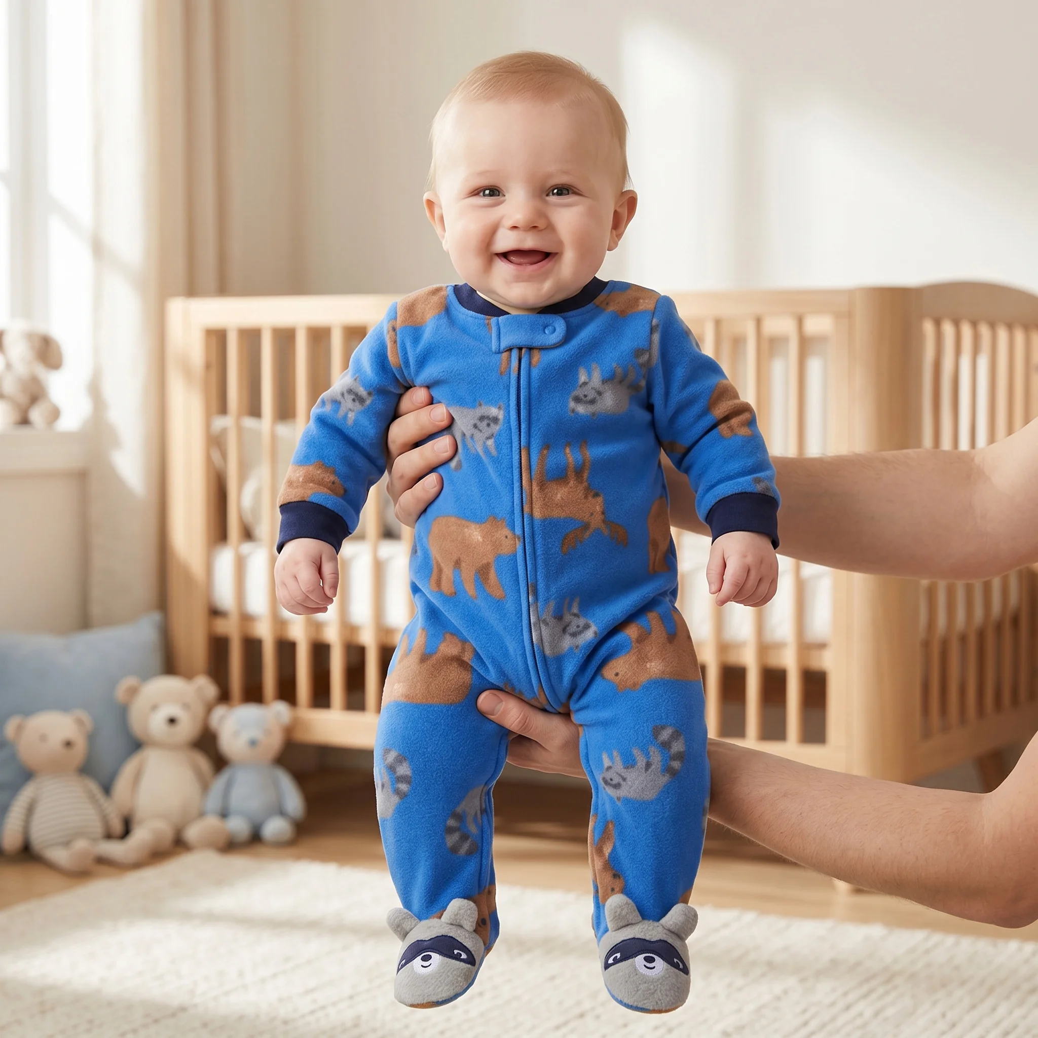 

Blue Cute Raccoon Foot Embroidered Baby Footed Romper Warm Fleece Zipper Newborn Wild Animal All-Over Print Autumn Winter Outfit