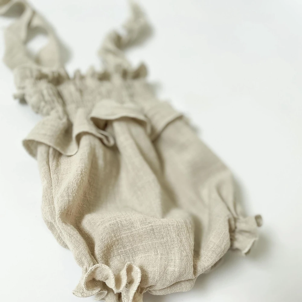 Newborn Photography Props Baby Girl Yellow Linen Cotton Off Shoulder Ruffle Tie Strap Romper Soft Infant Photo Shoot Outfit view 4