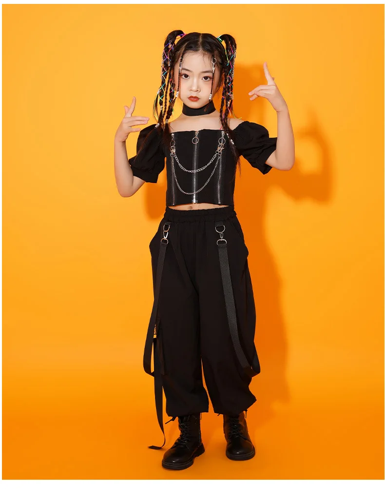 Kids Punk Streetwear Jazz Costume Girls Hip Hop Clothing Crop Top Cargo Pants Neck Mesh Skirt Sets Teenage Street Dance Clothes