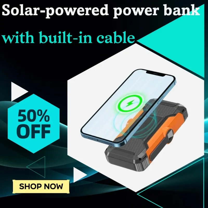 

20000mAh High Capacity Power Bank with Built in Cable Solar Powered and Wireless Charging Function