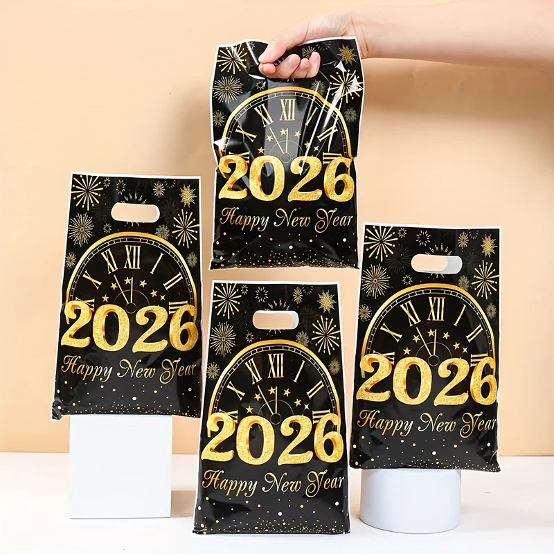 10/25/50 قطعة 2026 حقيبة حمل بلاستيكية للحفلات للعام الجديد مع شارات أرقام 2026 لامعة وأرقام رومانية وتصميم ساعة الألعاب النارية