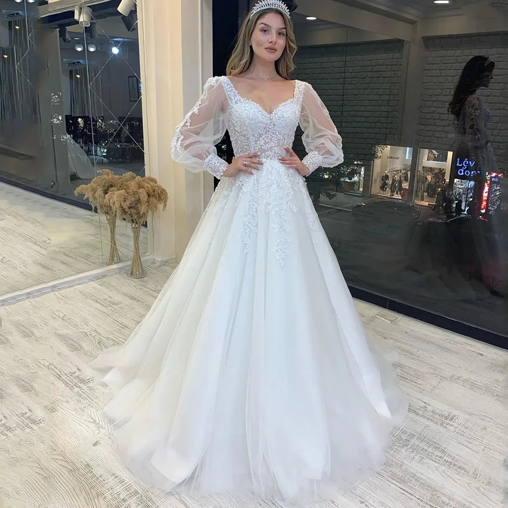 

Elegant Tulle Lantern Sleeves Wedding Dress Illusion Applique A-Line Floor Length Sexy Open Back Bridal Lace Up Gowns Robe