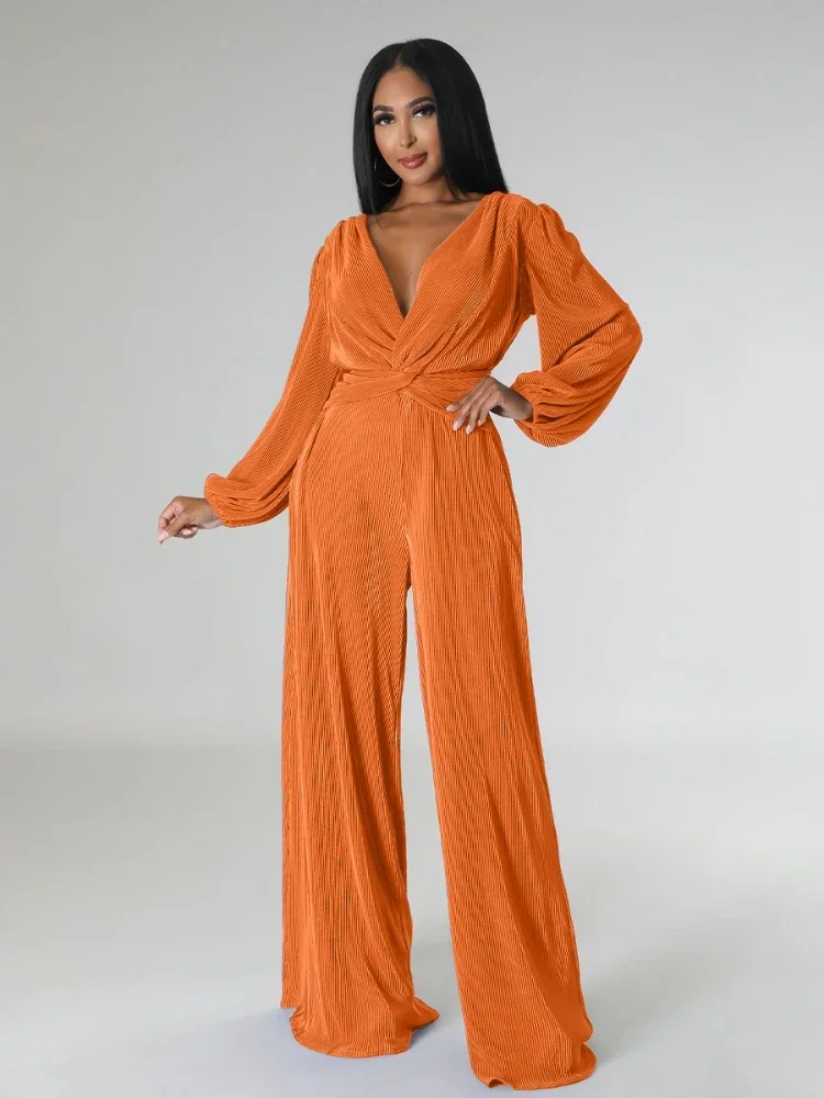 

Leosoxs Autumn Winter Pleated Wide Leg Jumpsuit for Women Draped High Waist V-neck Long Sleeves Romper Elegant Loose Overalls