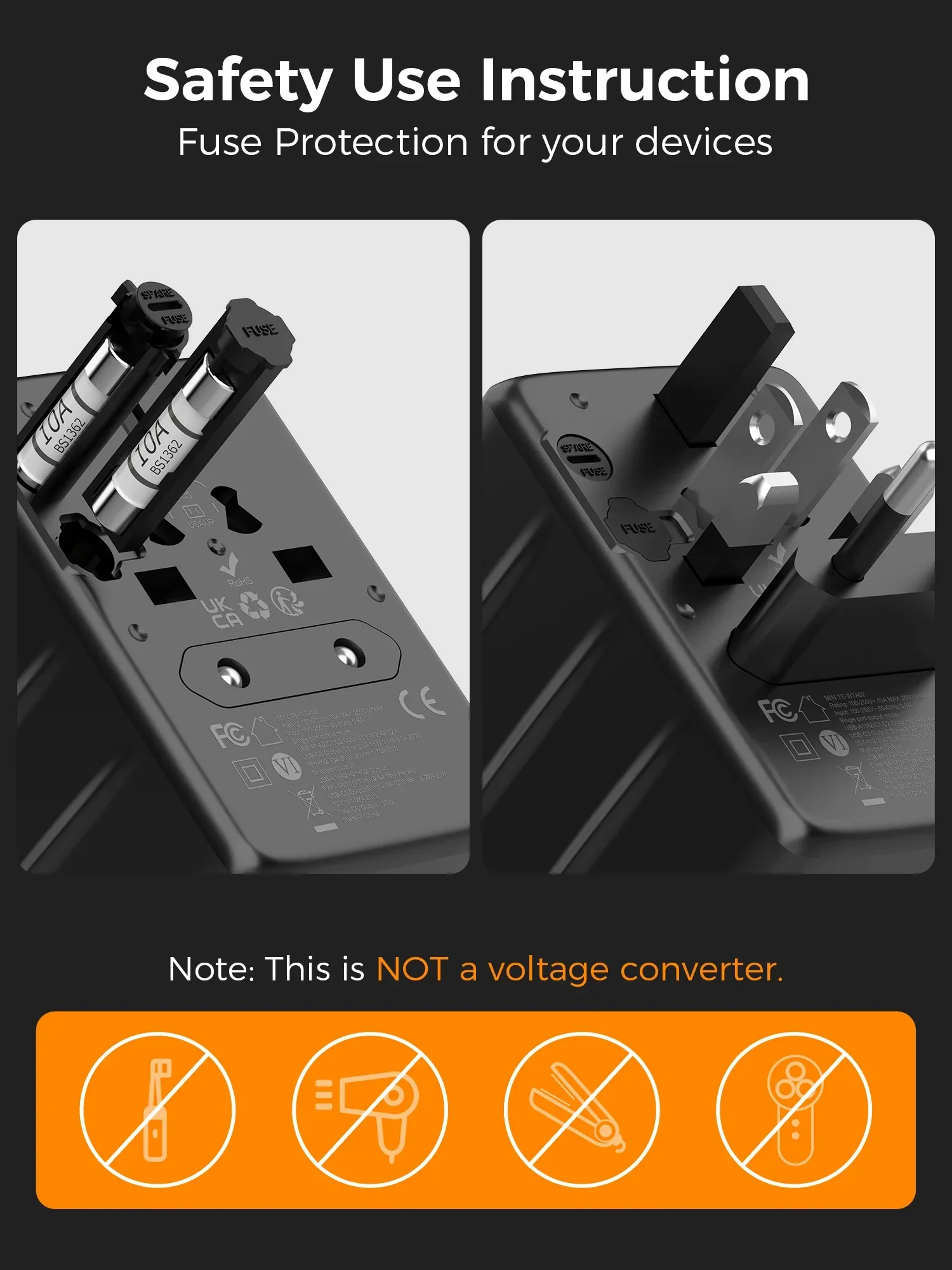 Adattatore da viaggio universale TESSAN GaN da 100 W con USB tipo C 65 W Adattatore per spina internazionale a ricarica rapida Spina UE/Regno Unito/USA/AUS/KR