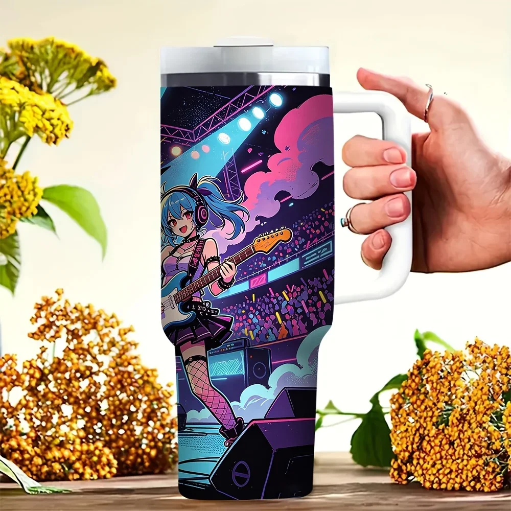 This 40Oz Tumbler with Handle Features a Trendy Cool Rock Pop Anime Girl Print, Ideal for Music Enthusiasts And Fans, Suitable for Both Hot And Cold Drinks, Perfect for Outdoor Activities, Concerts, And Daily Use