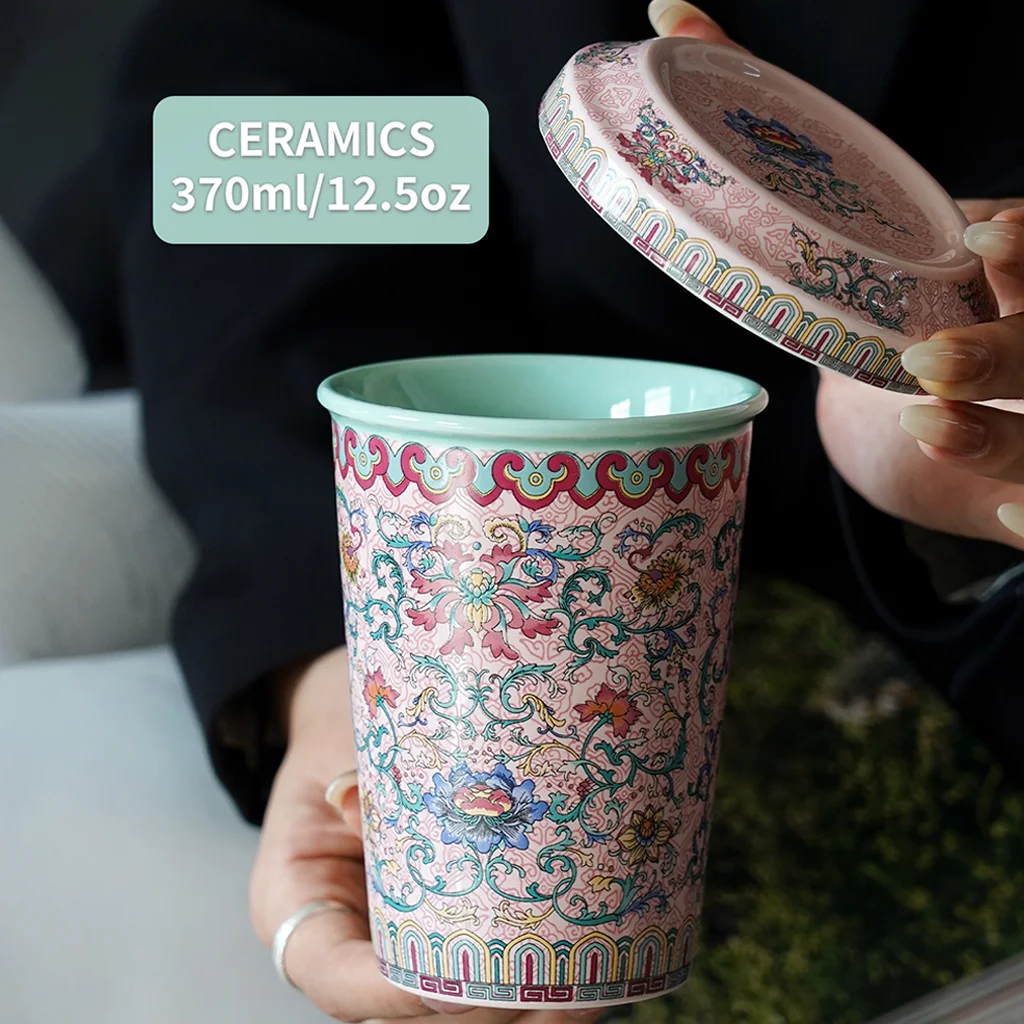 Tasse à thé en céramique émaillée vintage 370 ml/12,5 oz avec couvercle, mug en porcelaine à motifs floraux rétro, gobelet esthétique pour eau et café, idéal pour le bureau
