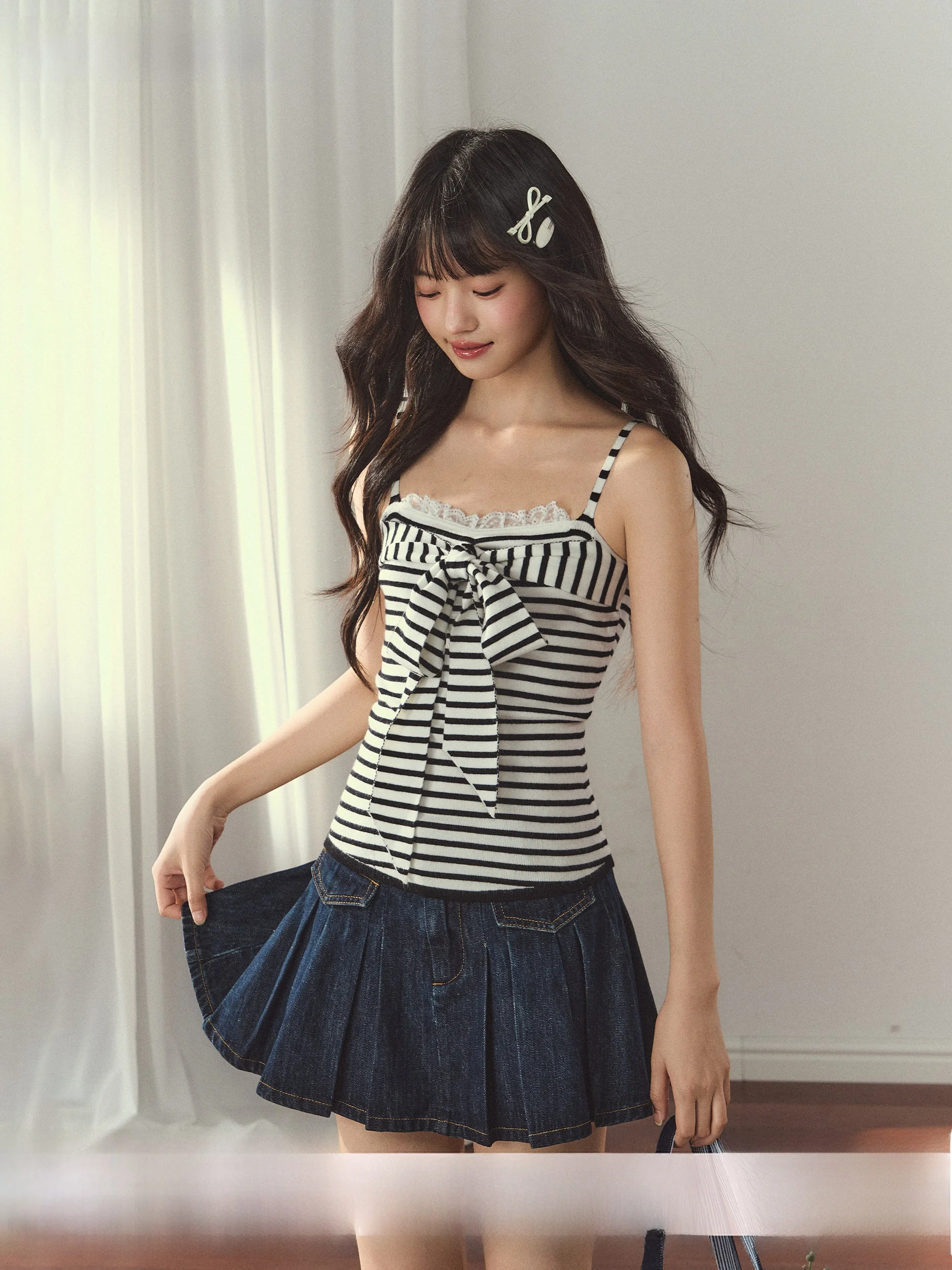 

Летний топ Umoumo Sweet Stripe: вязаный, с завязками, кружевными вставками, утягивающий, для девочек