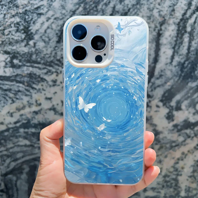 Blaue Schmetterling-Ozeanwellen-Handyhülle für iPhone 14 13 12 11 Pro Max 17 16 15 Pro Max 13 Mini 16 14 Plus Stoßfeste Laser-Cover – Detail 4