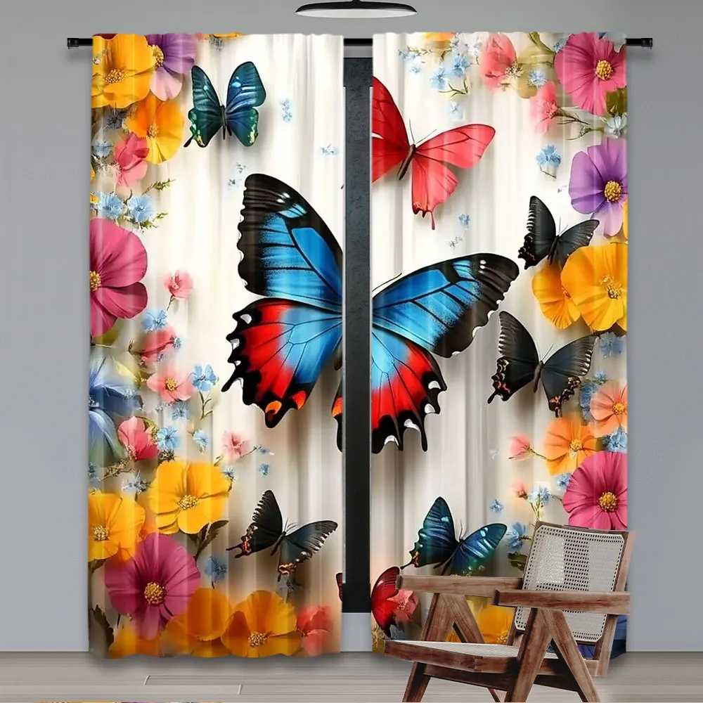 2Pcs Vibrant Colorful Butterfly Blooming Flowers Curtain Suitable For Living Room Bedroom And Many Other Occasions