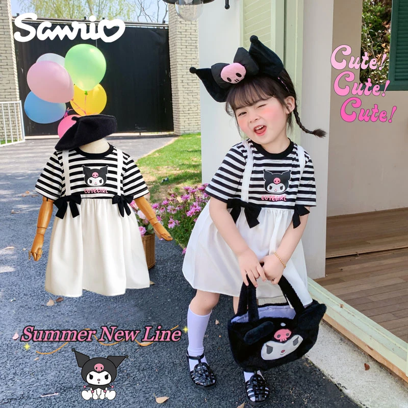 Sanrios Anime Kawaii Kuromi Summer Girls Skirt Cotton Butterfly Fake Two Pieces Striped Cute Baby Princess Dress Kids Costumes