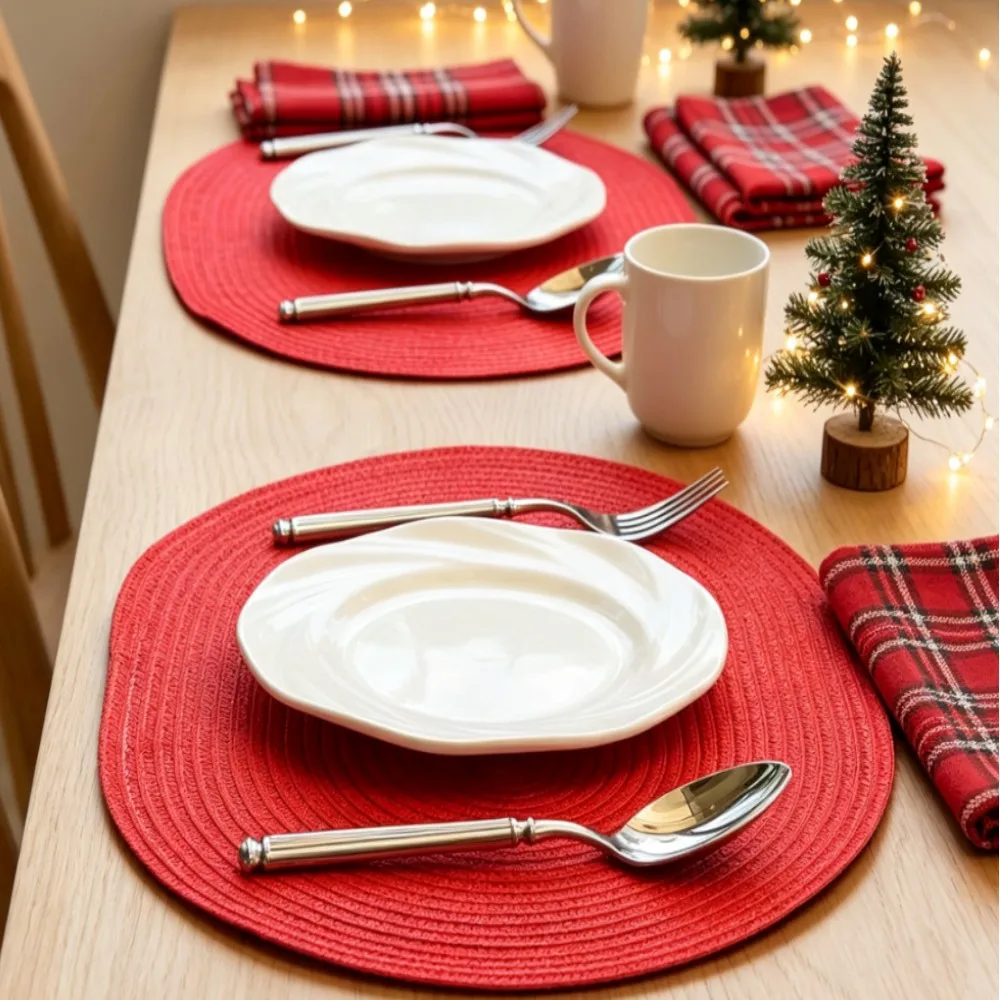 1/4/6/10PCS Natural Woven Oval Red Table Mats Braided Dining Placemats Oversized Place Mats Set for Home Decor Christmas Gift