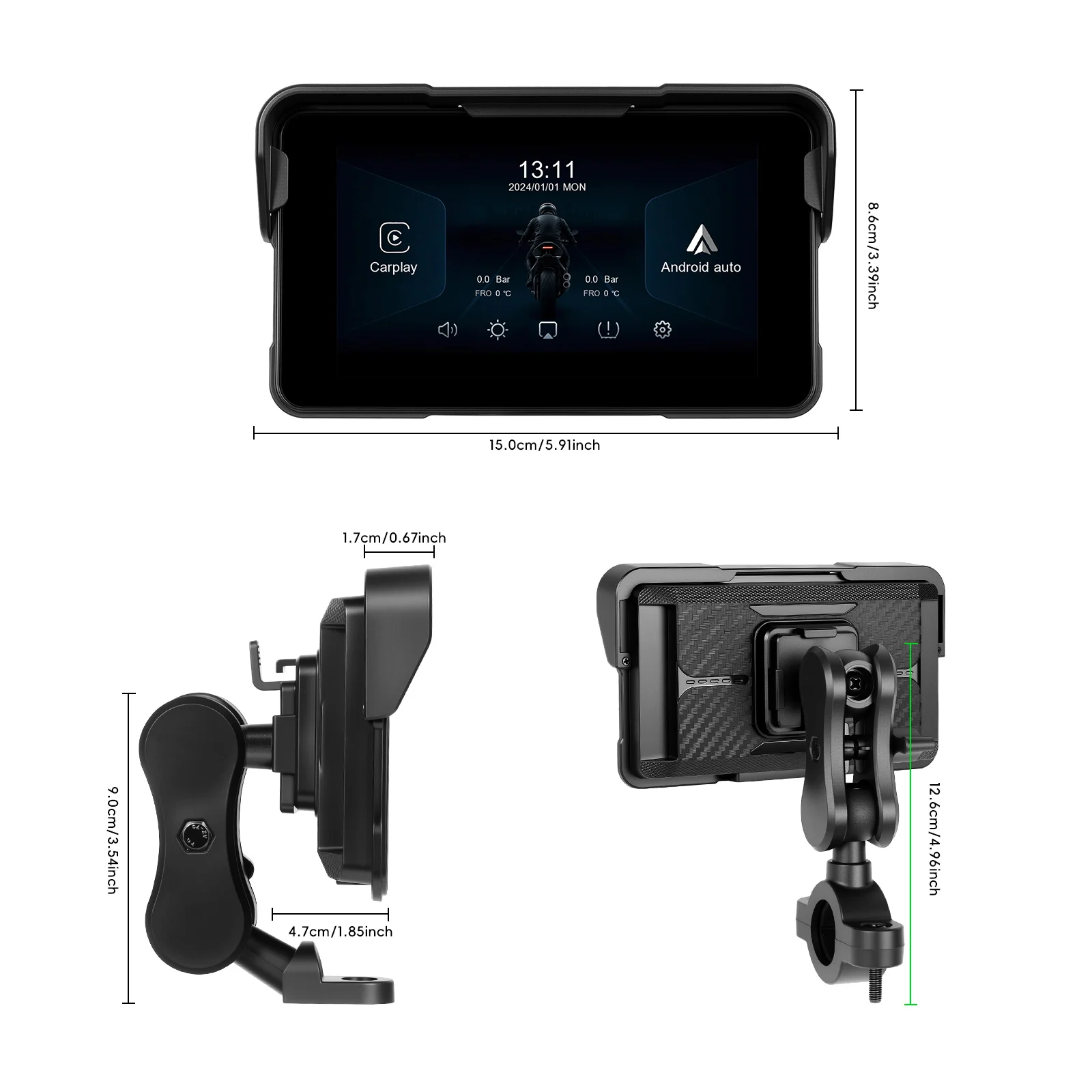 Podofo Kabelloser Carplay Android Auto Motorrad Smart Screen Player 5 Zoll HD Großbildschirm Tragbarer Display-Player IP68 Wasserdicht – Detail 15