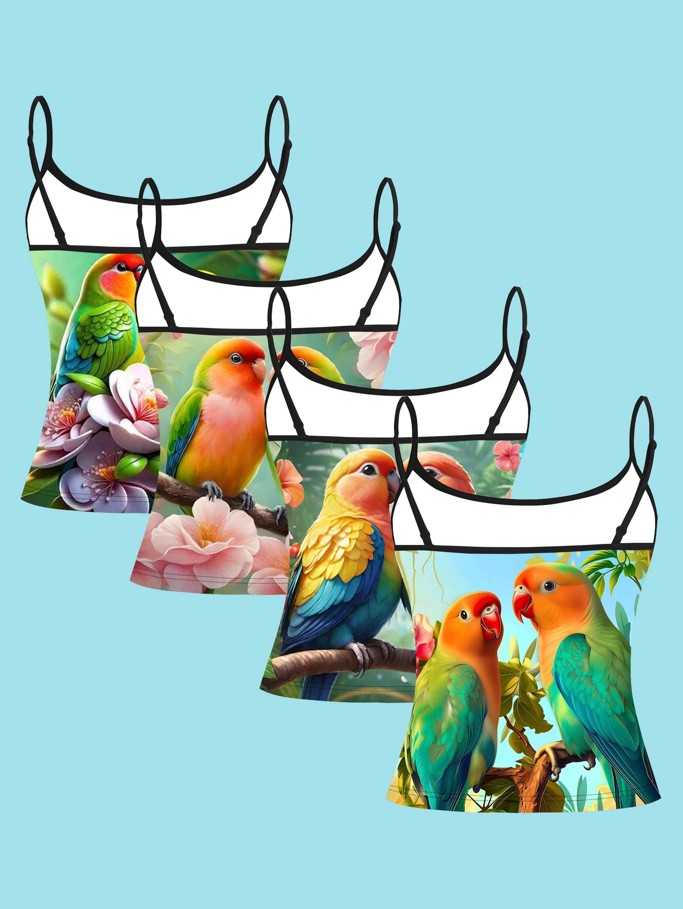 4-Piece Sweet Love Bird Suspender Set with Colorful Peony Floral Pattern for Women, Thin Strap Inner Wear