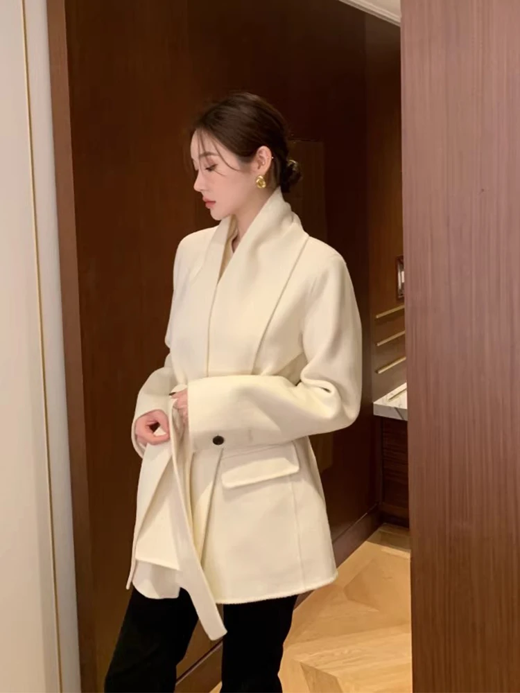 

Шикарное осенне-зимнее шерстяное пальто, женское длинное пальто с v-образным вырезом и подкладкой, утягивающее талию, с поясом, однотонный плащ