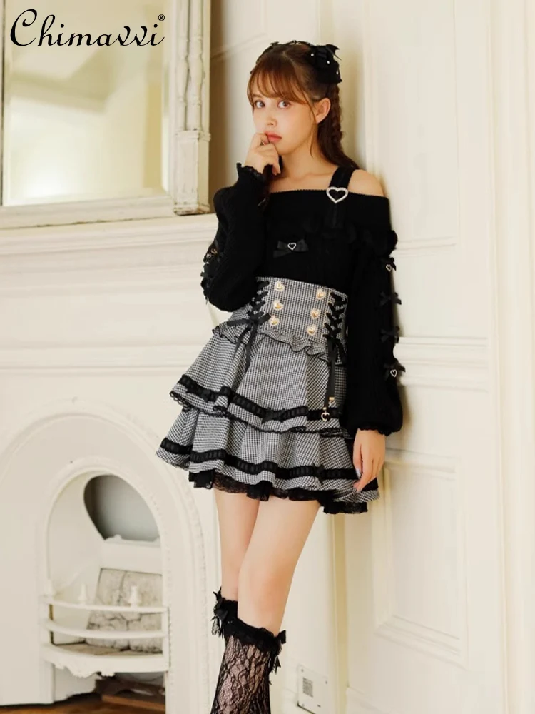 Japanische Liz Mine Serie Krawatte Große Schleife Doppelschicht Plaid Strap Rock Süße Prinzessin Mädchen Kawaii Kuchen Rock für Frauen Sommer Neue