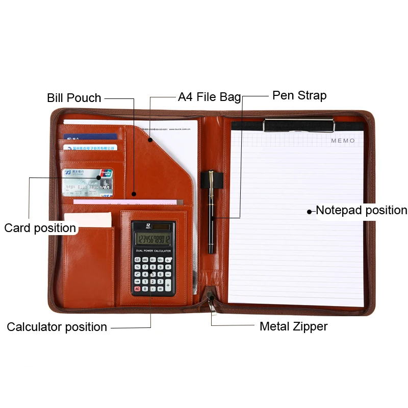Handmade A4 Leather File Folder Contract Conference Clip Folder Zipper for Business Stationery Organizer Clipboard Phone Holder