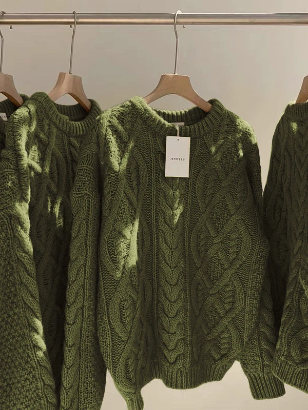 

Loose een Twisted Knit Sweater Vintage Sle Outerwear Korean Commute Faion Soft Polyester Fiber Long Sve round Ne