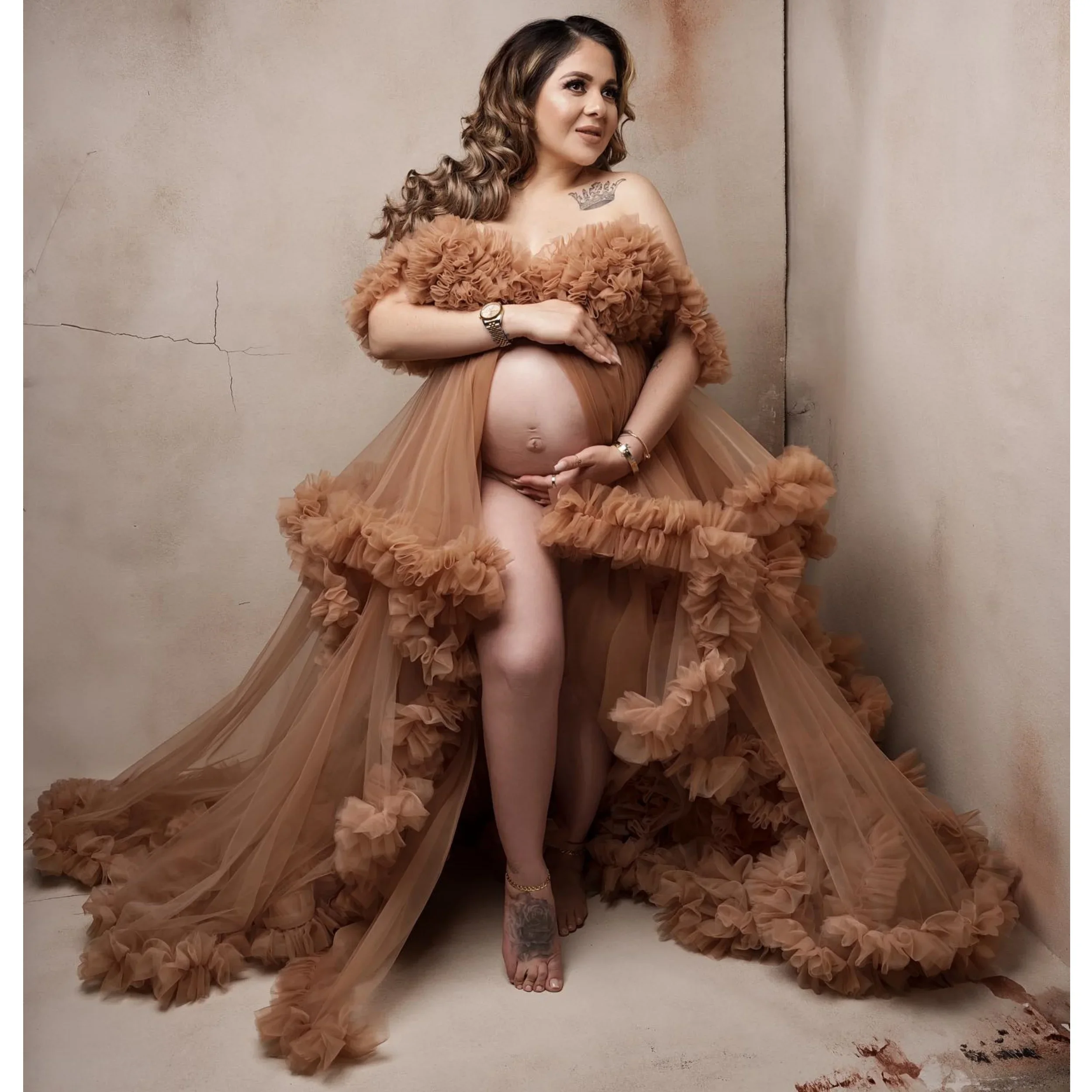 

Brown Sweetheart Maternity Dresses for Women Elegant Ruffles Slit Babyshower Gowns Customzied Ruched Pregnant Photography Props
