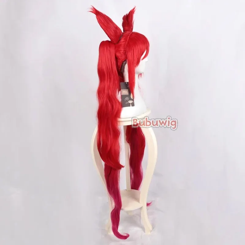 CySynthetic Hair Jinx 코스프레 가발 LOL 스타 가디언 Jinx 100cm 긴 레드 루즈 웨이브 포니테일 가발 (귀 포함) 내열성