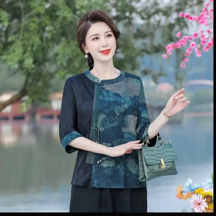 

New Retro Chinese Style Small Shirt for Women Grandma's Summer Chiffon Shirt Round Neck Half Sleeve Loose Casual Blouse