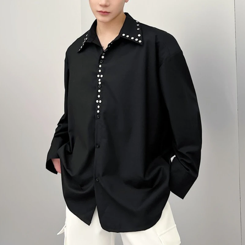 

Трендовые мужские рубашки с длинными рукавами и заклепками, высококачественная однотонная свободная повседневная рубашка, уличная одежда для ночного клуба, M-XL
