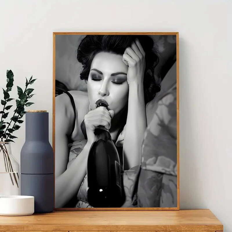 

Modern Art Canvas Paintings, Woman Drinking Wine in Bed Poster Print,Fashion Black and White Bar Wall Art Picture Home Decor