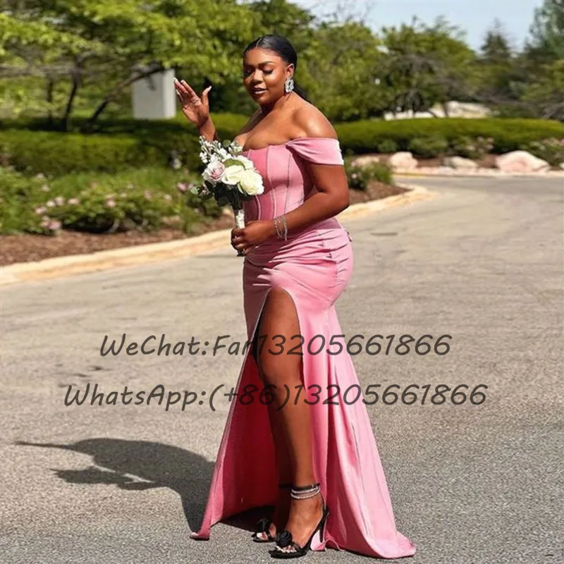 Plus Size Zeemeermin Roze Zeemeermin Bruidsmeisje Jurken Lange Off Shoulder Split Trouwjurk Afrikaanse Vrouwen Prom Party Jurk