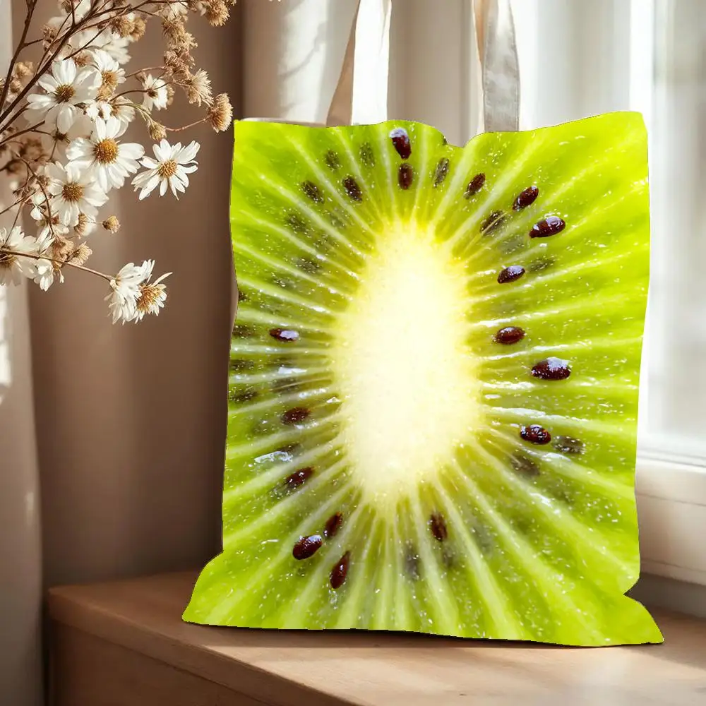 Kiwi Fruit Texture Storage Bags Canvas Tote Bag Large Capacity Double-Sided Print Reusable Shopping Bag Shoulder Bag