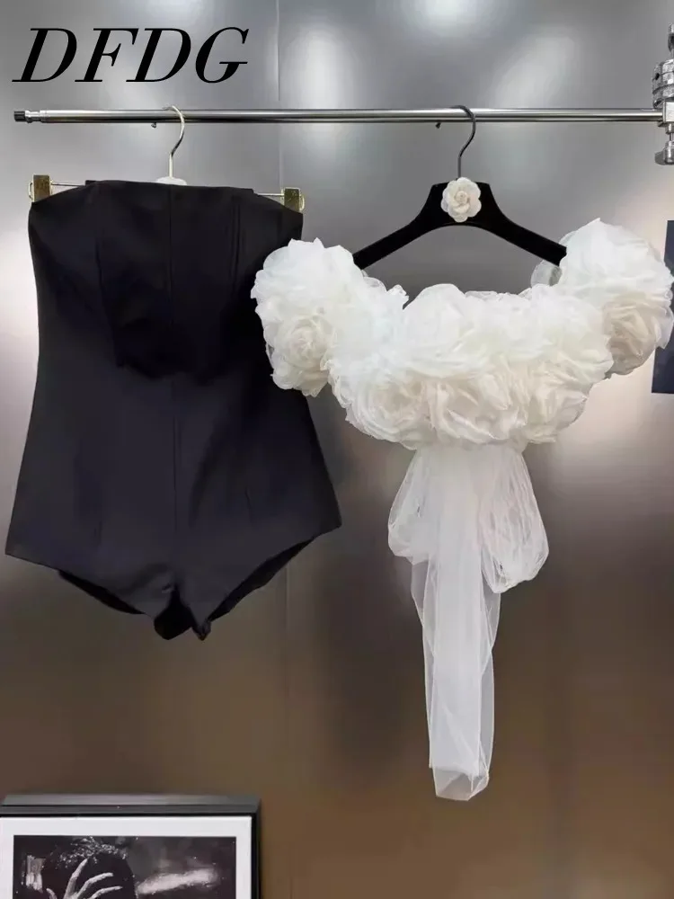 

DFDG Женский весенний белый комплект с открытыми плечами и 3D цветком, укороченный топ, шорты с высокой талией, элегантная вечерняя клубная одежда, 2025 г., модный женский комплект