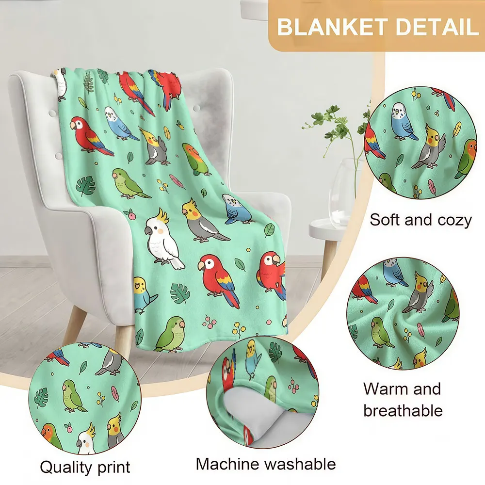 Cartoon Parrot Leaves Soft Warm Flannel Blanket Lightweight Cozy Christmas Halloween Home Decor Room