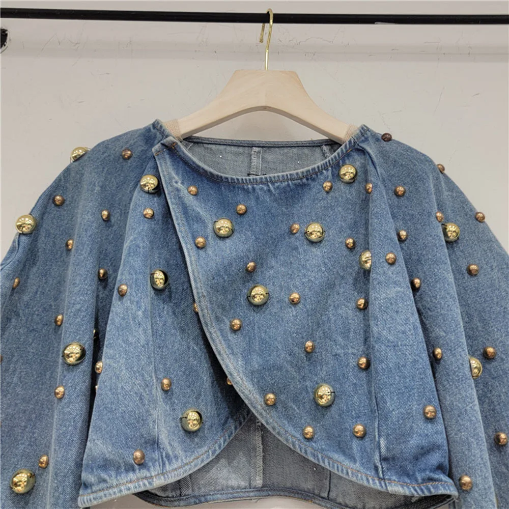 Vintage Round Nail Rivet Short Denim Jacket For Women Y2k High Street Bubble Sleeve Coat Autumn Spring New Female Clothing Trend