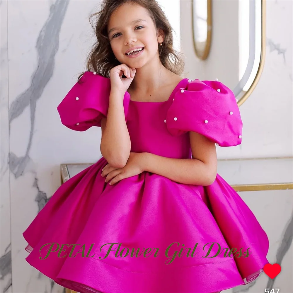 

Petal Fuchsia Kids Birthday Wedding Dresses Square Neck Puffed Sleeve First Communion Gown Pearls Girls Princess Dress
