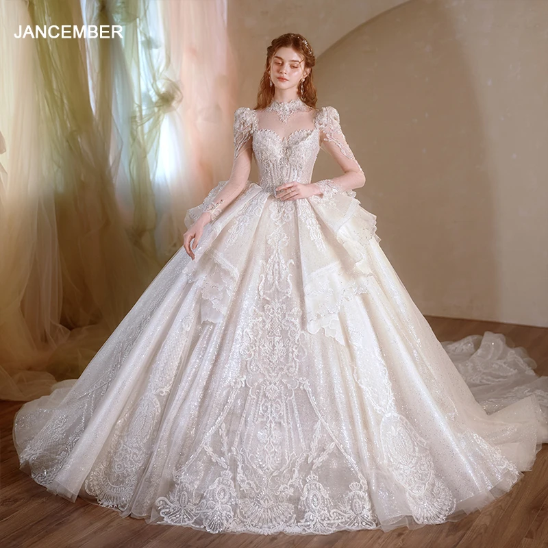 Jancember Customization First-rate Wedding Dress 2024 High Neck Full Sleeves Illusion Embroidery Ruffles Vestido Noiva LSMX037