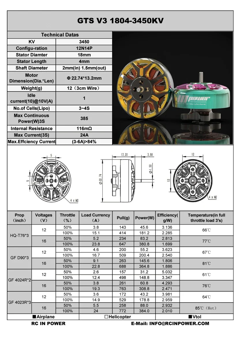 4PCS RCINPOWER Brushless Motor  GTS v3 1804 2450KV 3450KV 3-inch efficiency culvert machine RC Drone FPV Model Multirotor