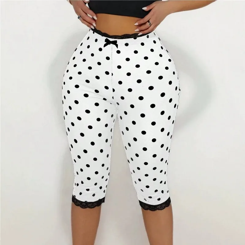 Polka Dots Print Lace Patchwork Skinny Knee Length Pants Women Fashion Bow High Waist Peach Hip Slim Casual Streetwear Trousers