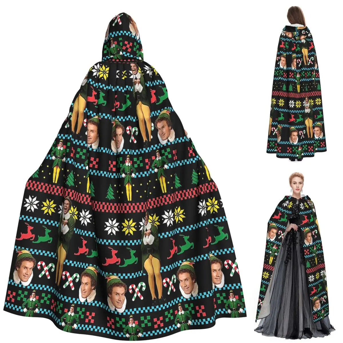 Buddy The Elf Ugly Christmas Sweater Design Long Hooded Cloak Witch Medieval Costume Cosplay Cape HalloweenCoat Adult Unisex