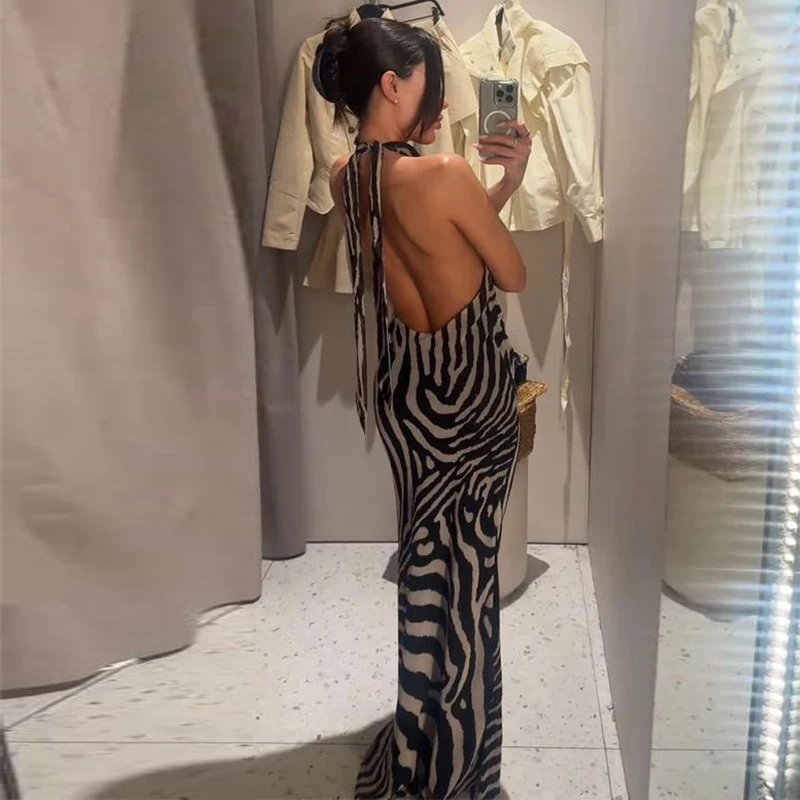 Zebra-Bedrucktes Neckholder-Maxikleid für Damen, Sexy, Ärmellos, Rückenfrei, Tailliert, Hüftbetont, Schlankes Abendkleid, Elegante Damenroben – Detail 13