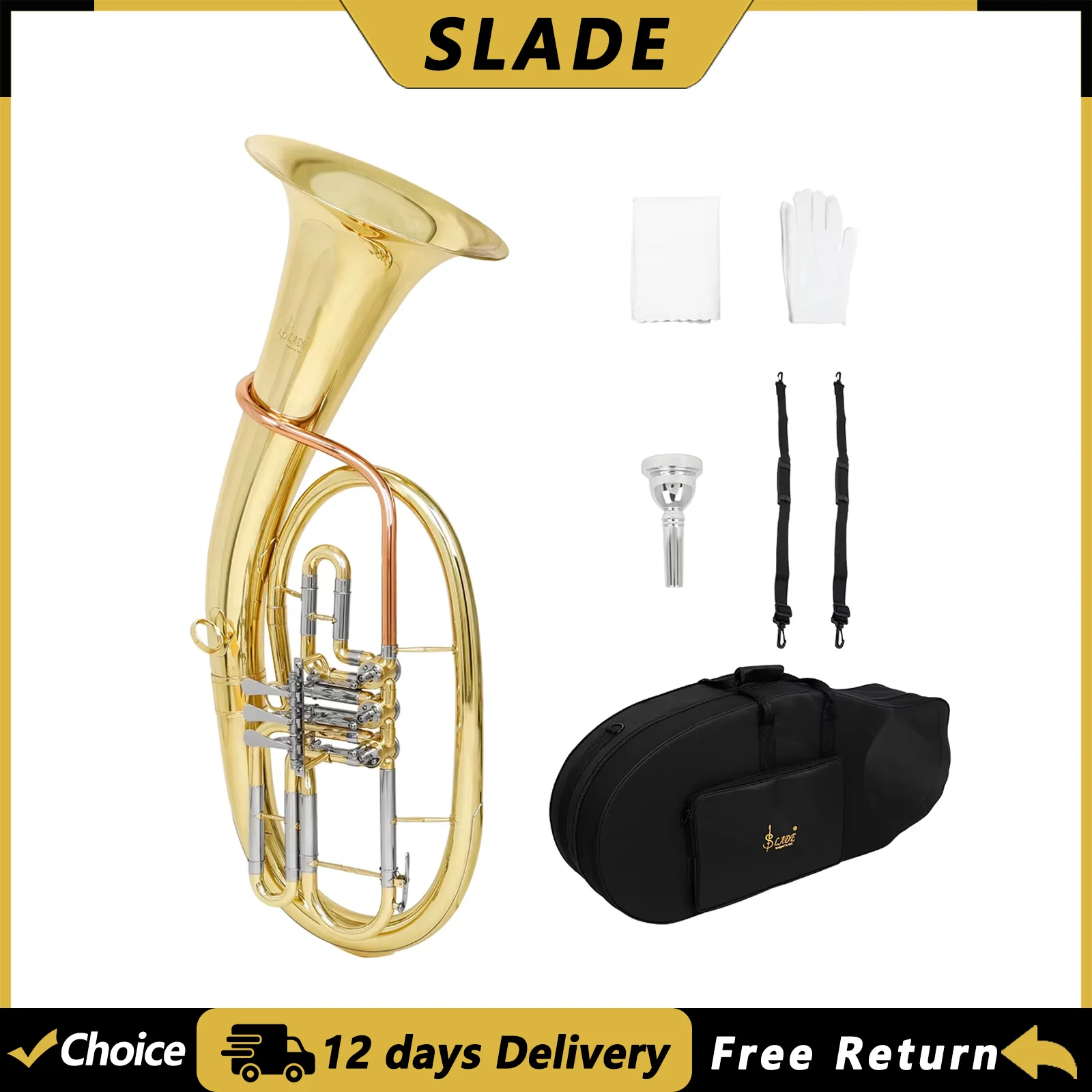 SLADE LDT910 3 Keys Bb Euphonium Horn Brass Body Gold Silver Tenor Horn Baritone Brass Musical Instrument with Case Wipes Gloves
