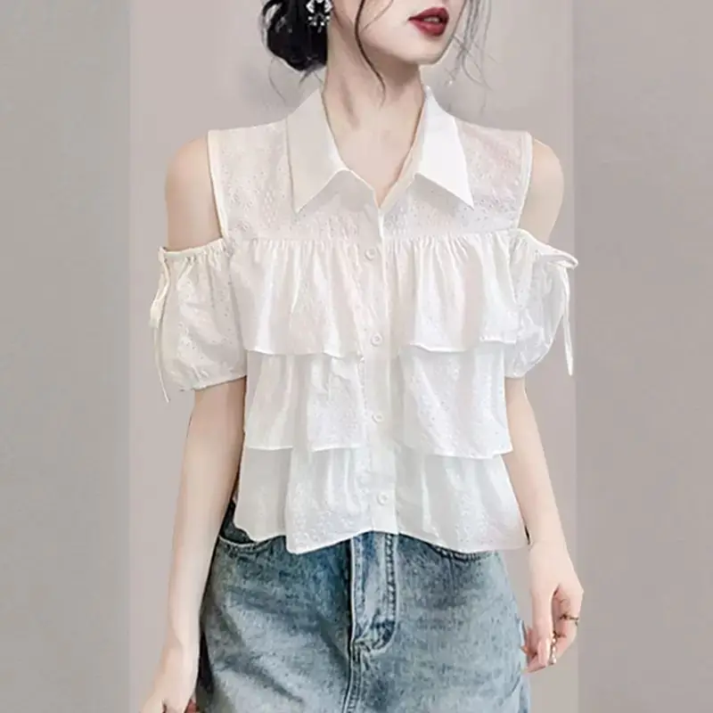 

Women Off Shoulder Lace Up Shirts Female Fashion Casual Ruffle Tierred Blouses Short Sleeve Tops Ladies Short Doll Shirt Top Q95