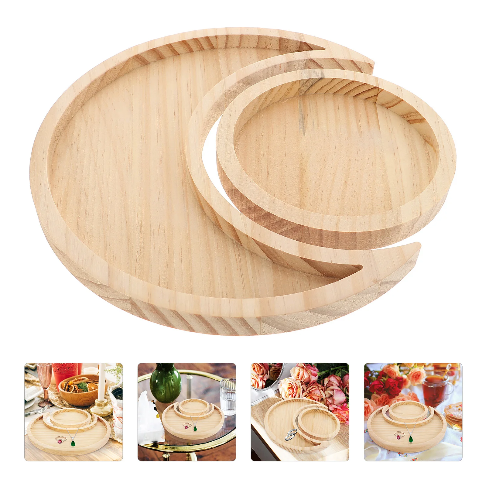 2 Pcs Pine Sun Moon Tray Versatile Jewelry Plate Displaying Wooden Storage Decor