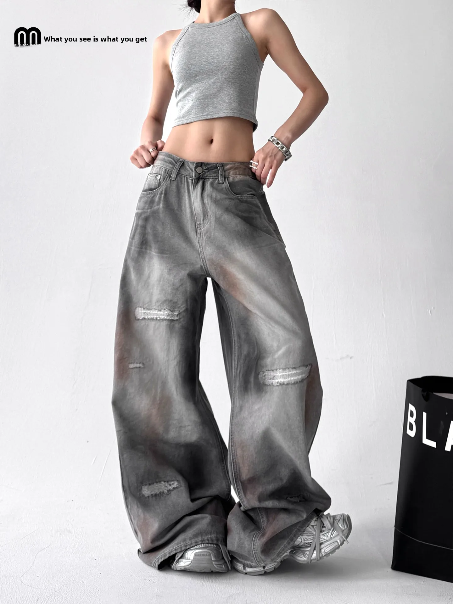 

Широкие джинсы в стиле ретро, американские широкие джинсы, женские свободные повседневные длинные брюки, лето 2025 г., модная смесь хлопка