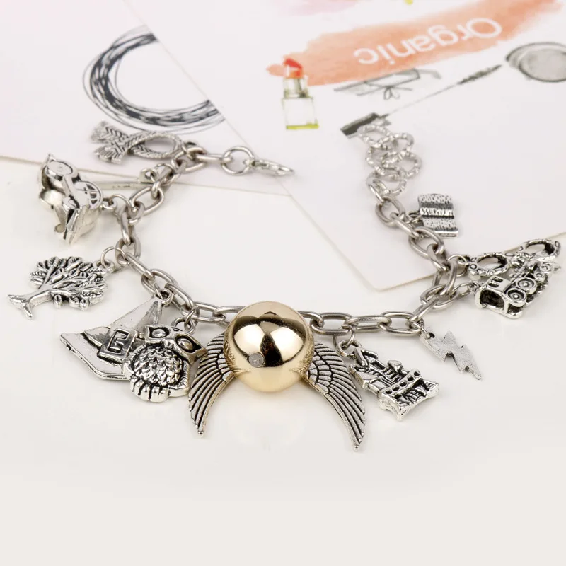 Pulsera escolar de magia de película para mujer, sombrero de búho dorado, colgante de escoba para coche, joyería, pulseras de aleación, juguetes de regalo