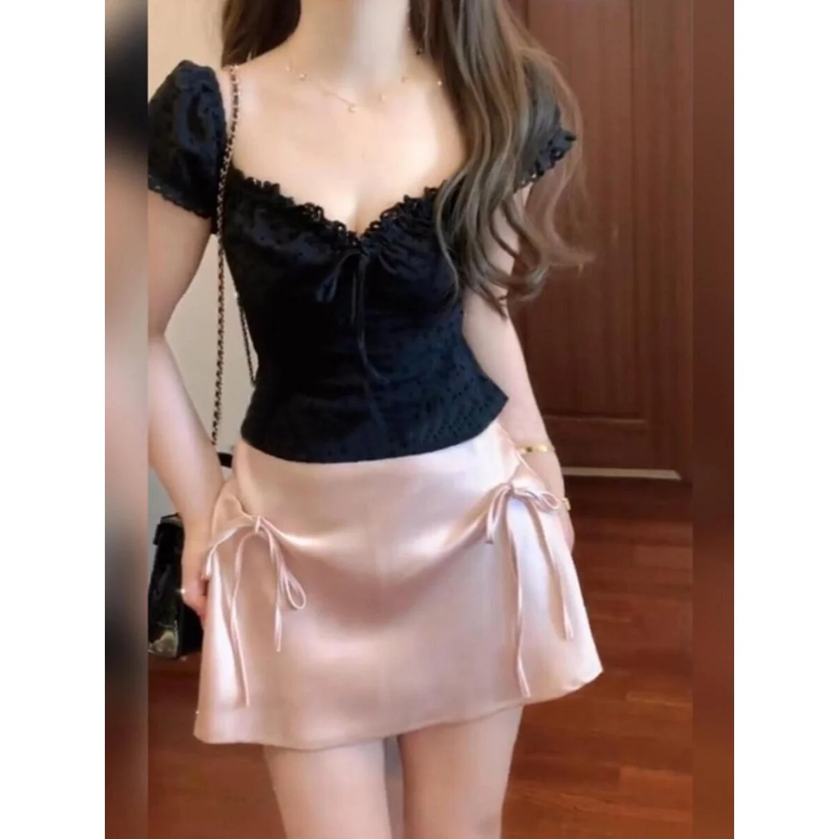 Elegant Black V-Neck Top And Pink Bow Half Skirt Set Summer City Walk Casual Polyester Two-Piece Suit T-Shirt Dress