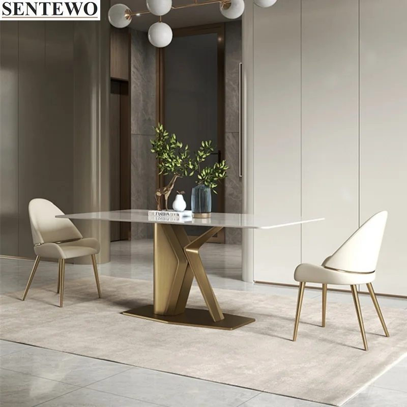 

Luxury Rock Slab Dining Room Table 8 Chairs Set Stainless Steel Gold Leg Frame Faux Marble Table Home Furniture Mesa Escritorio