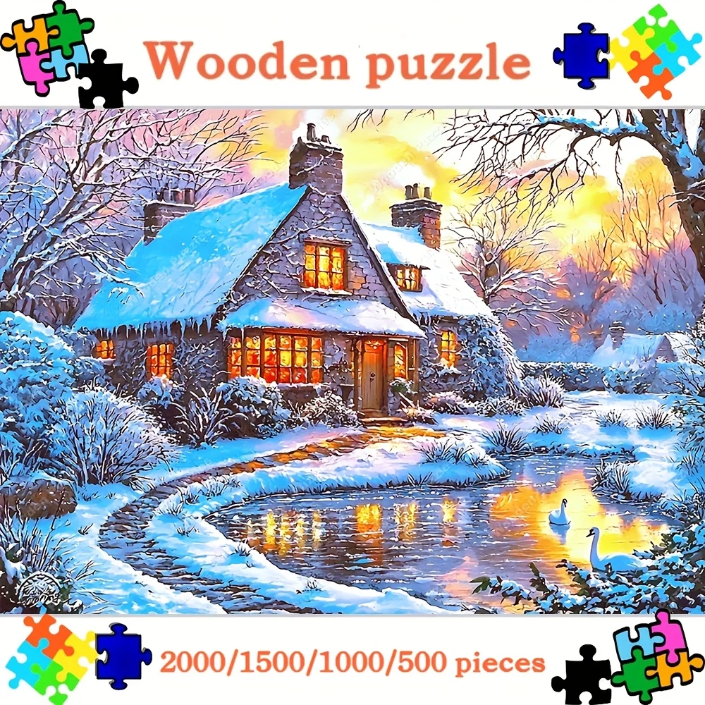 2000/1500/1000/500pcs Enchanting Winter Cottage Wooden Jigsaw Puzzle for Adults - Snowy Retreat Scene with Swan Pond & Sunset