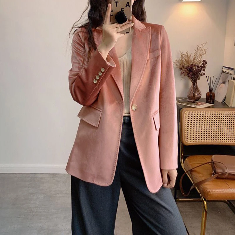 

Autumn Chic Women's Velvet Suit Jacket Long Sleeve Solid Color Rose Powder Luxury Casual Streetwear Outwear for Ladies
