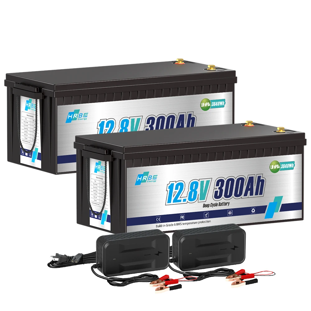 LiFePO4 12V 300Ah Battery Pack Built-in 4S 200A BMS 6000+ Cycle Life Grade A Cells For Home Solar Outdoor RV Marine Power 2 PACK