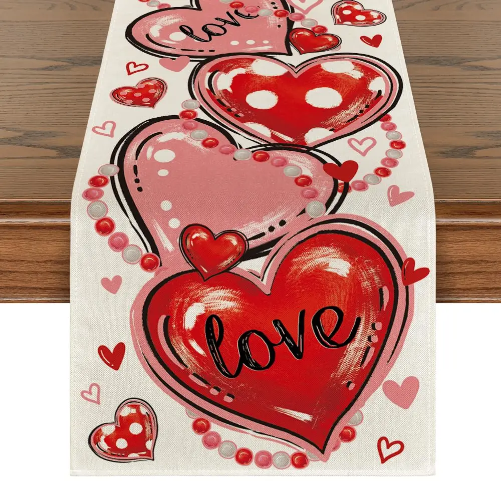 

Love Red Pink Heart Valentine's Day Table Runner, Anniversary Wedding Kitchen Dining Table Decoration for Home Party Decor